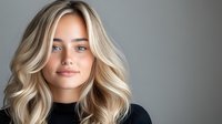 Young blonde woman with wavy hair and natural makeup wearing black top against gray background, showcasing modern hairstyle with highlights.