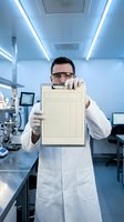 Male doctor in white lab coat holding blank medical clipboard in modern hospital laboratory with protective eyewear and gloves for healthcare documentation.