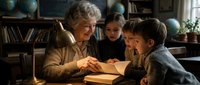 Elderly woman with gray hair reading a storybook to three young children in a cozy home library with bookshelves and globes.