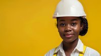 Young African American female engineer or construction professional wearing white hardhat and collar shirt against vibrant yellow background, perfect for workplace diversity campaigns.