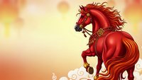 Red stallion rearing with flowing mane and ornate golden harness against warm sunset sky with decorative clouds for Chinese New Year celebrations.