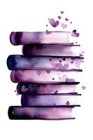 Watercolor stack of books in purple and pink tones with floating heart shapes, romantic reading concept on white background, ready for print designs.