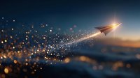 Paper airplane soaring through twilight sky with magical golden particle trail and glowing light effects against dramatic sunset clouds.
