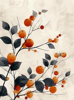 Minimalist botanical art featuring orange citrus fruits and dark leaves on graceful branches against soft neutral background. Elegant nature-inspired wall decor.