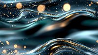 Magical dark teal waves with golden bokeh lights and glowing particles floating above rippling water surface create dreamy abstract background for luxury designs.