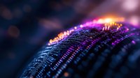 Digital data stream with glowing particles and binary code creating futuristic cyber network visualization for technology and artificial intelligence concepts.