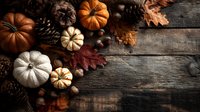 Autumn harvest composition with colorful pumpkins, pine cones, acorns and fallen leaves on rustic wooden background with copy space.