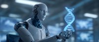 Futuristic android examining glowing DNA helix hologram in laboratory setting with blue technology interface background, representing artificial intelligence in genetic research.