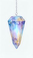 Watercolor illustration of an iridescent crystal pendant with purple, blue, and golden hues suspended from a silver chain on white background. Isolated design element for jewelry, mystical, and spiritual projects.