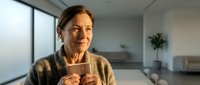 Senior woman enjoying morning coffee in modern apartment with natural sunlight streaming through large windows creating warm atmosphere.
