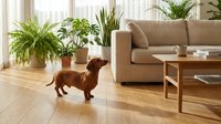 Brown dachshund dog standing in modern living room with houseplants, wooden floors, beige sofa and natural lighting for pet care and home decor concepts.