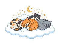 Cute kittens sleeping peacefully on fluffy cloud with moon and stars, isolated on white background for children's designs, nursery decor, greeting cards.