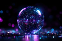 Magical crystal sphere with glowing blue and purple sparkles on dark background reflecting neon lights, creating mystical atmosphere for fantasy designs.