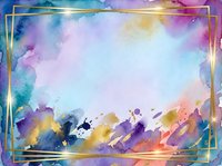 Watercolor paint splashes in vibrant purple, blue, gold and pink tones with golden frame border on white center space, suitable for backgrounds, invitations and creative design projects.