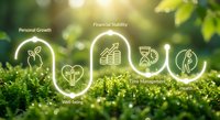 Sustainable lifestyle concept with glowing icons representing personal growth, wellbeing, financial stability, time management and health on green moss background.
