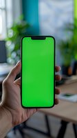 Modern smartphone with bright green screen held in hand against blurred office background, mockup ready for app or website presentation.