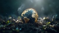 Golden glowing Earth globe emerging from dark soil with young green sprouts, dramatic lighting and bokeh effects on moody background. Environmental concept.