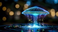 Glowing magical mushroom with bioluminescent effects emitting blue and purple light against dark bokeh background, fantasy nature concept for mystical designs.