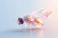 Translucent winged insect with iridescent body on soft gradient background, showcasing delicate anatomy and light refraction through wings.