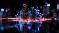 Futuristic cityscape with glowing neon lights reflected in water, modern skyscrapers silhouetted against night sky with vibrant blue and pink bokeh effects.