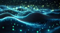 Glowing blue waves with floating green particles create dynamic motion effect against dark background, abstract technology visualization for digital designs.
