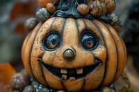 Cheerful orange pumpkin decoration with expressive carved face, big glossy eyes, and toothy grin, adorned with small gourds and autumn elements, macro shot.