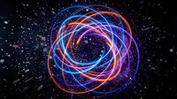 Colorful energy spiral with glowing neon light trails creating circular motion pattern against starry space background for technology and science concepts.