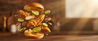 Crispy fried chicken sandwich with golden fries flying mid-air against warm rustic background, perfect for food and restaurant marketing.