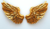 Golden metallic angel wings with detailed feathers and layered texture isolated on white background, suitable for design projects and creative compositions.