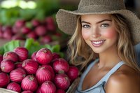 Young woman in straw hat smiling at farmers market with fresh red onions in foreground, showcasing local produce shopping experience.