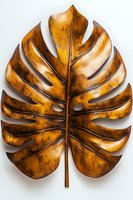 Golden brown wooden monstera leaf sculpture on white background, featuring detailed carved texture and natural wood grain patterns. Isolated decorative art piece.