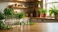 Fresh herbs growing in modern kitchen with natural light streaming through window creating cozy cooking space for healthy meal preparation.