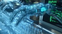 Glowing robotic hand typing on keyboard with blue and green illumination, futuristic technological concept showing artificial intelligence at work.