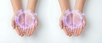 Hands holding glowing purple peace symbol with digital network icons on white background, representing global harmony, unity, and peaceful communication for design projects.