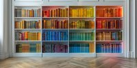 Books arranged by color spectrum on white built-in shelves creating rainbow effect in modern interior with herringbone wood floor and natural lighting.