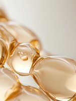 Soft focus macro shot of translucent golden gel capsules or supplements on light background showing liquid medicine texture and reflective surface. Medical concept.