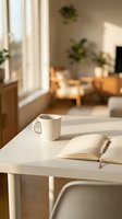 Minimalist workspace with white mug and open notebook on table near sunny window, warm natural light streaming through, wooden furniture and potted plants in blurred background for home office or creative work.