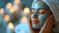 Caucasian woman applying blue clay face mask for skincare routine, spa treatment at home with warm bokeh lighting in background.