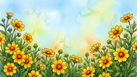 Watercolor yellow wildflowers border frame with soft blue sky background for spring summer greeting cards and botanical design projects.