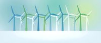 Wind turbines in row generating clean renewable energy with gradient sky background for sustainable power and environmental projects.