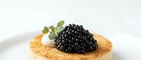 Gourmet canapé topped with luxurious black caviar, microgreens, and pearl onion on crispy toast base, isolated on white background for fine dining and culinary design use.