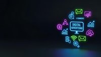 Digital marketing neon icons floating on dark background with glowing effects. Modern business technology symbols for online advertising campaigns.