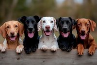 Five happy dogs of different breeds - Vizsla, Black Labrador mix, Dalmatian, Black Lab and Red Hound - lined up with paws on wooden surface, all smiling at camera.