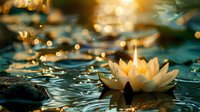Serene white water lily floating on rippling water surface with golden bokeh lights creating peaceful atmosphere at sunset.