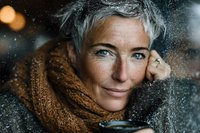 Mature Caucasian woman with silver gray hair enjoying hot beverage on snowy winter day, cozy knitted scarf, warm seasonal lifestyle portrait.