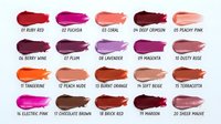 Colorful lipstick swatches palette showing 20 different shades from red to pink arranged in rows with color names for makeup and beauty design.