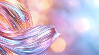Flowing iridescent glass or crystal waves with pink and blue reflections on blurred bokeh background create elegant abstract composition for luxury designs.