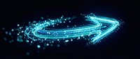 Glowing cyan arrow pointing right made of digital particles and light trails on dark background, representing direction, progress, technology, and forward movement for web design and business concepts.
