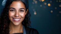 Young mixed-race woman with curly hair smiling warmly at camera wearing knit beanie against bokeh lights background for lifestyle and portrait projects.