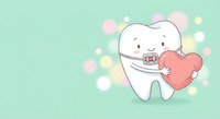 Cute cartoon tooth character with braces holding pink heart on mint green background with bokeh lights for dental care and orthodontic treatment concepts.